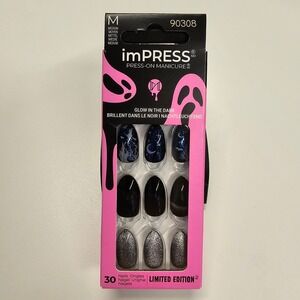 NEW imPRESS Press On Manicure Medium Length Nails Glow In The Dark Bewitching